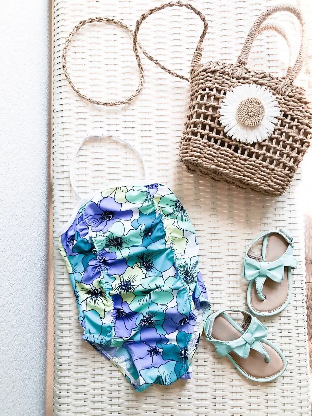New Old Navy Floral Print Swimsuit & Matching Bow Sandals 12-18mths